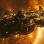 A massive black sci-fi capital ship flies through a fiery orange nebula in space, representing the sci-fi scale of Star Wars: The Mandalorian and Grogu ahead of its Blu-ray and 4K Ultra HD release.