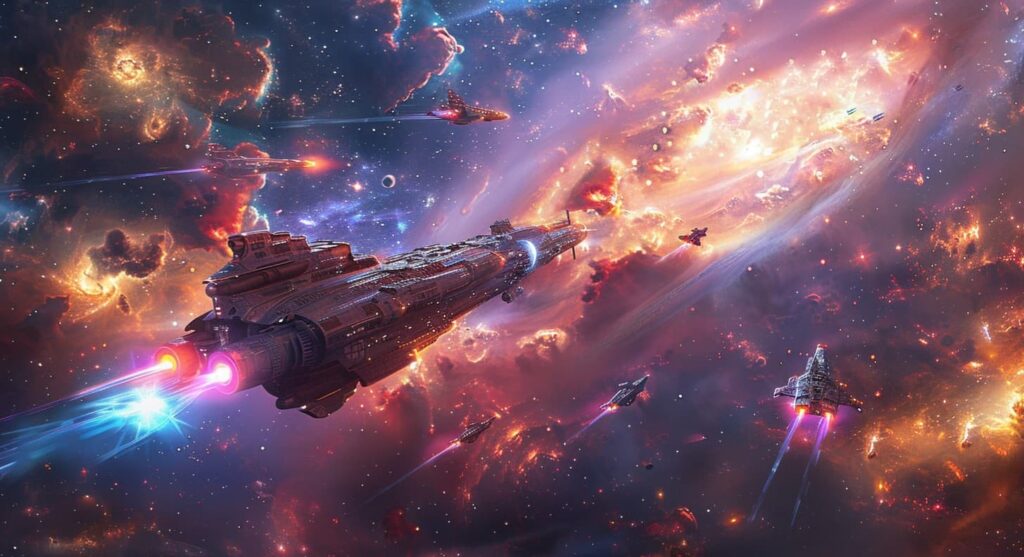 A massive Star Wars spaceship fleet flying through a vibrant orange and purple space nebula, representing the Digital Release Date for The Mandalorian and Grogu movie