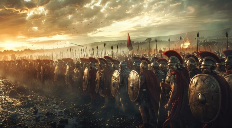 A massive army of ancient soldiers holding shields and spears in formation under a dramatic, cloudy sunset sky, representing the Release Date announcement for The Odyssey