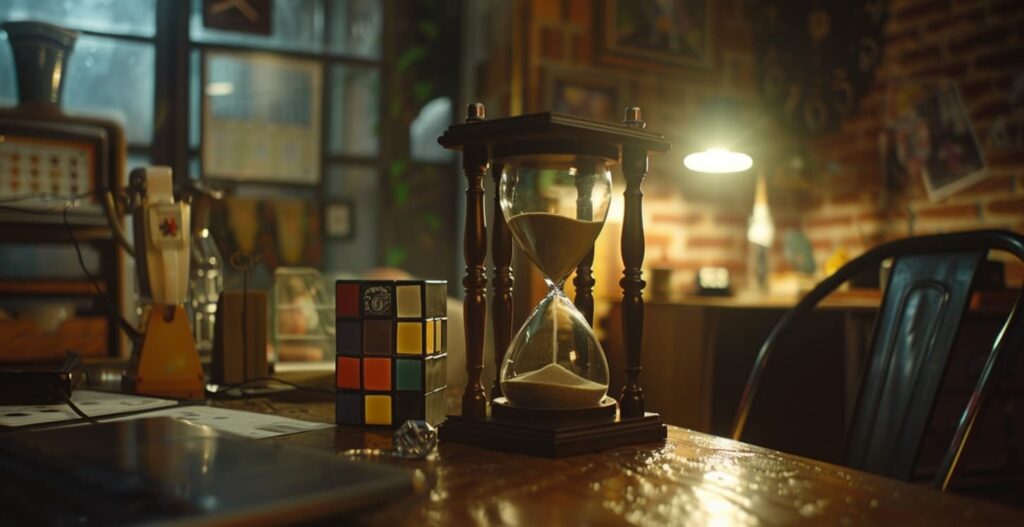 Hourglass with sand running out on a wooden desk, symbolizing the ticking countdown in Vicious ending explained