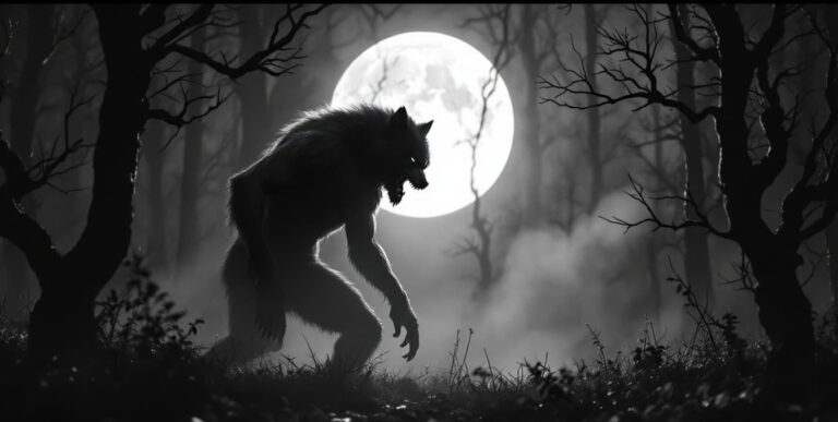 A monstrous werewolf snarling under a full moon in a foggy forest for Robert Eggers Werwulf release date article