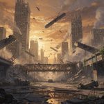 Collapsed skyscrapers and debris fill a devastated city street at sunset, from The Dog Stars 2026 Release Date