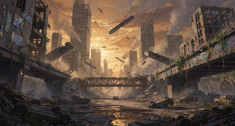 Collapsed skyscrapers and debris fill a devastated city street at sunset, from The Dog Stars 2026 Release Date