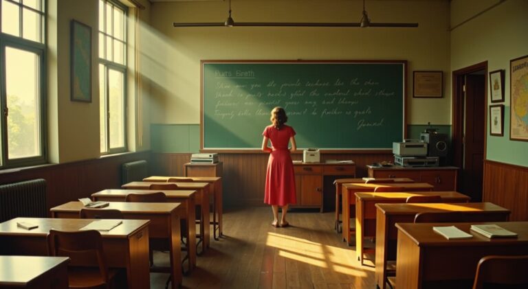Woman in red dress standing before a vintage classroom chalkboard, symbolizing the Bad Apples movie setting