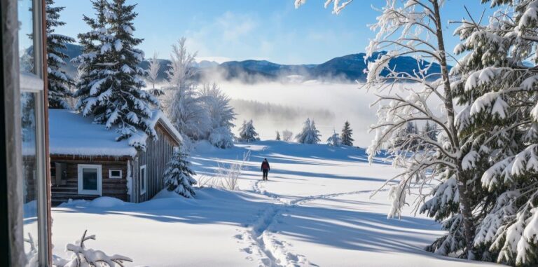 A lone figure walks through deep snow away from a wooden cabin, capturing the freezing isolation detailed in our Dead of Winter ending explained.