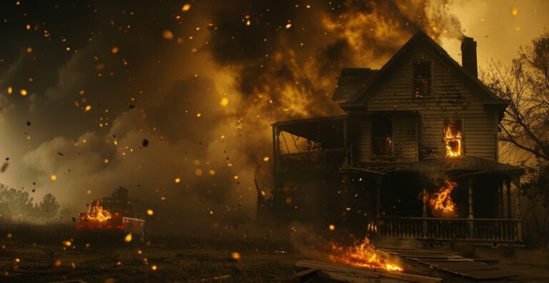 Burning house engulfed in flames at night, featured image for the Evil Dead Burn Blu-ray Release Date article