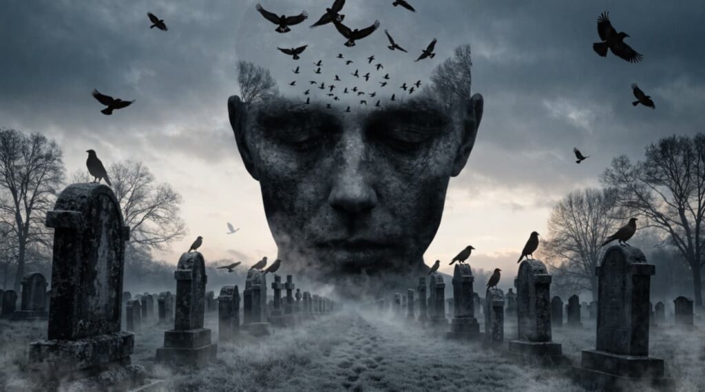 Stone-faced apparition rising over a foggy graveyard with crows