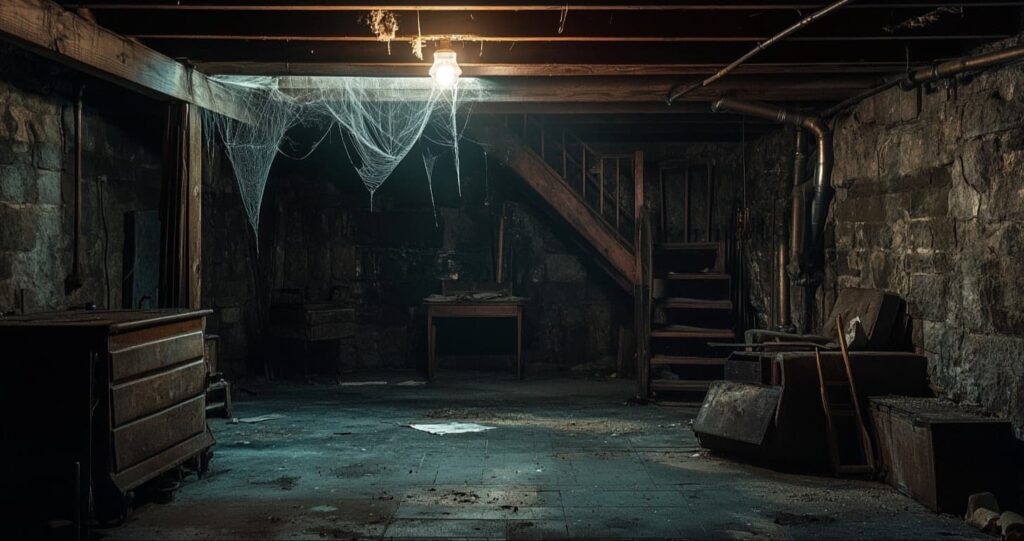 Dark, abandoned stone basement with thick cobwebs and a single glowing lightbulb representing the terrifying otherworld threshold in Frewaka.