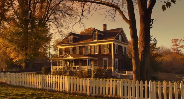 A large, traditional two-story house with a white picket fence surrounded by autumn trees at sunset.