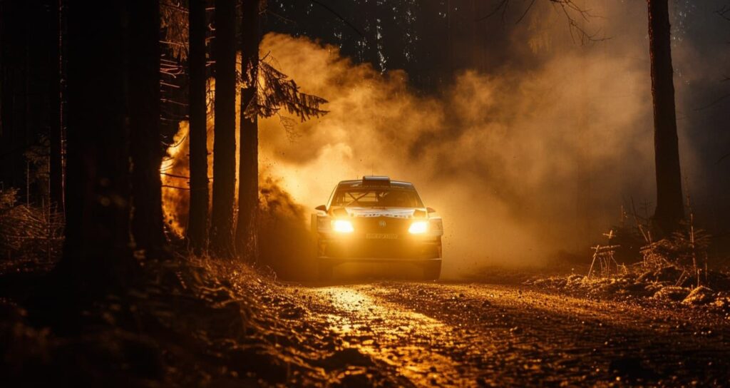 Car headlights cutting through a dark forest road at night