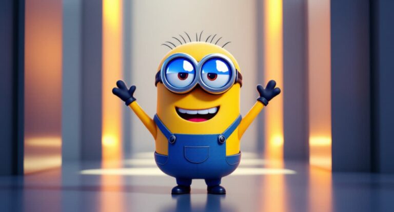 Minion character with arms raised in a cheerful pose against a glowing corridor background