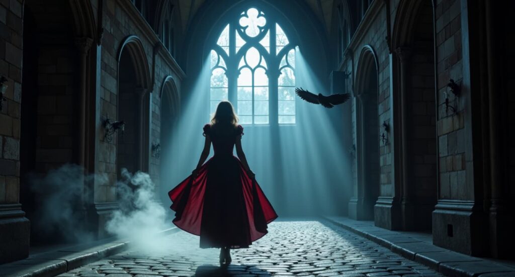 Woman in a red gown silhouetted in a gothic corridor, lit by a glowing window with a bird in flight.