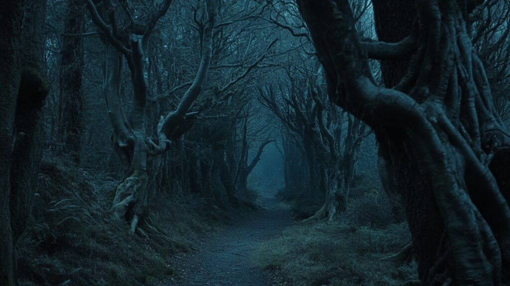 Gnarled dark forest path evoking Nightborn's Finnish folklore