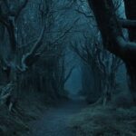 Gnarled dark forest path evoking Nightborn's Finnish folklore