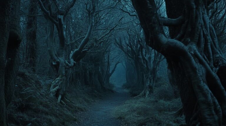 Gnarled dark forest path evoking Nightborn's Finnish folklore