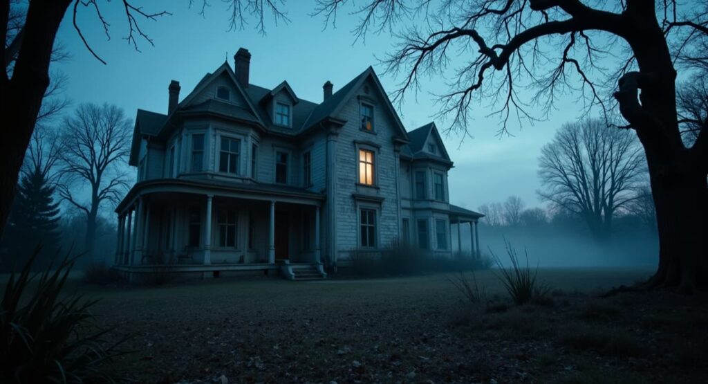 A lone Victorian house glows with a single lit window at dusk, surrounded by bare trees and creeping fog