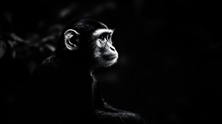 Chimpanzee portrait in dramatic black and white lighting