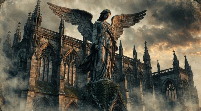 Weathered stone angel statue outside a gothic cathedral, a fitting image for the Saint Maud ending explained