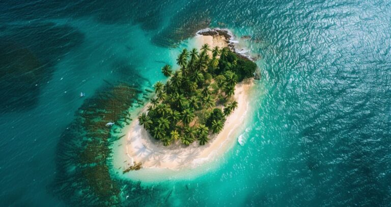 Aerial view of a small tropical island surrounded by turquoise ocean water