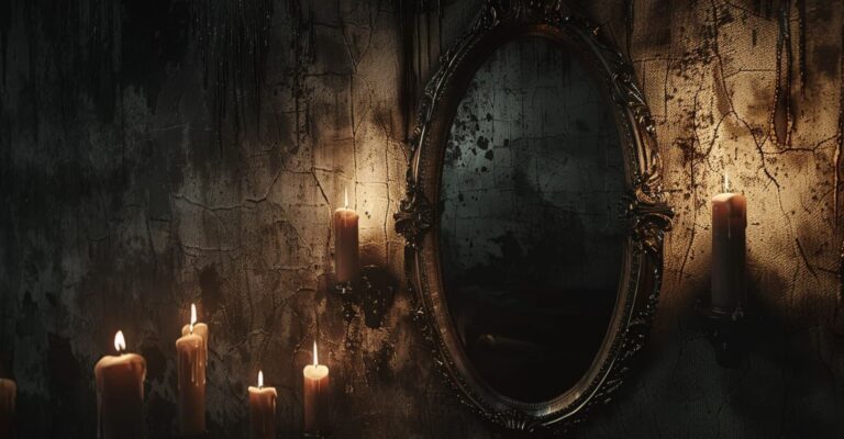 Antique ornate mirror surrounded by lit candles on a cracked wall, Sukma ending explained