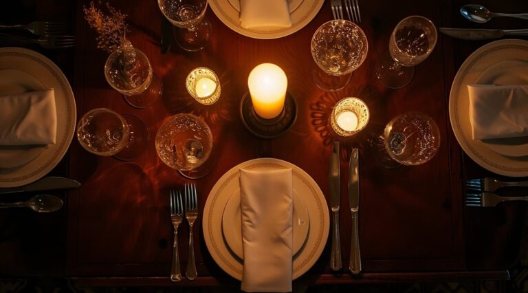 Elegant candlelit dinner table set for four guests