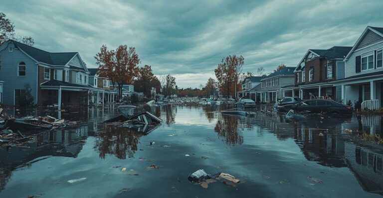 Flooded suburban street with submerged houses and debris