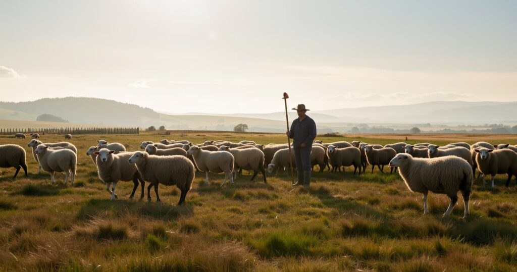 Flock of sheep grazing in a golden hour pasture with a shepherd standing among them