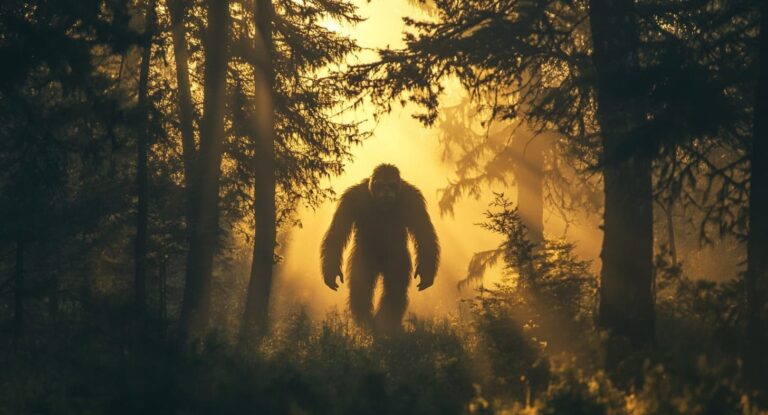 The Yeti ending explained, shadowy Yeti creature emerging through misty forest at dawn
