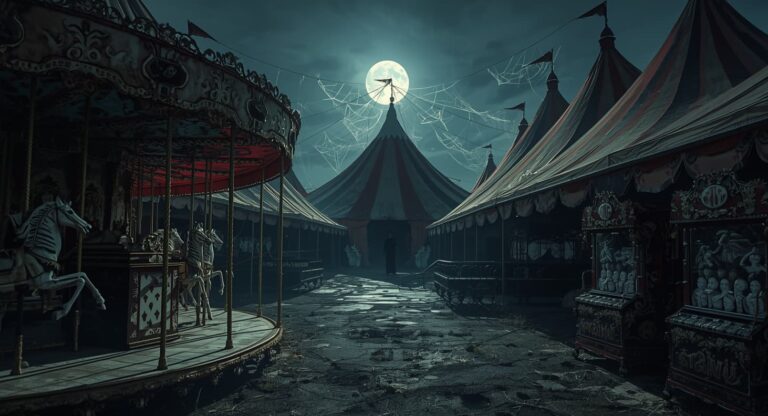 Abandoned carnival carousel and striped tents under a full moon.