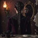 Victorian woman in dark velvet dress facing away, her reflection in a cracked mirror hinting at a hidden secret, for the Victorian Psycho release date