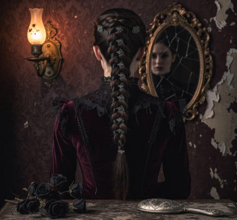 Victorian woman in dark velvet dress facing away, her reflection in a cracked mirror hinting at a hidden secret, for the Victorian Psycho release date