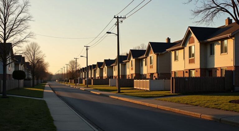 Row of identical suburban houses at dusk, representing the endless Yonder neighborhood from Vivarium ending explained