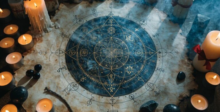 Glowing blue occult ritual circle surrounded by lit candles and smoke for the Bring Her Back ending explained