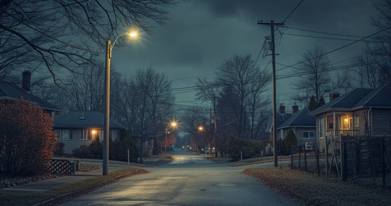Dark suburban street at night representing the neighborhood blackout.