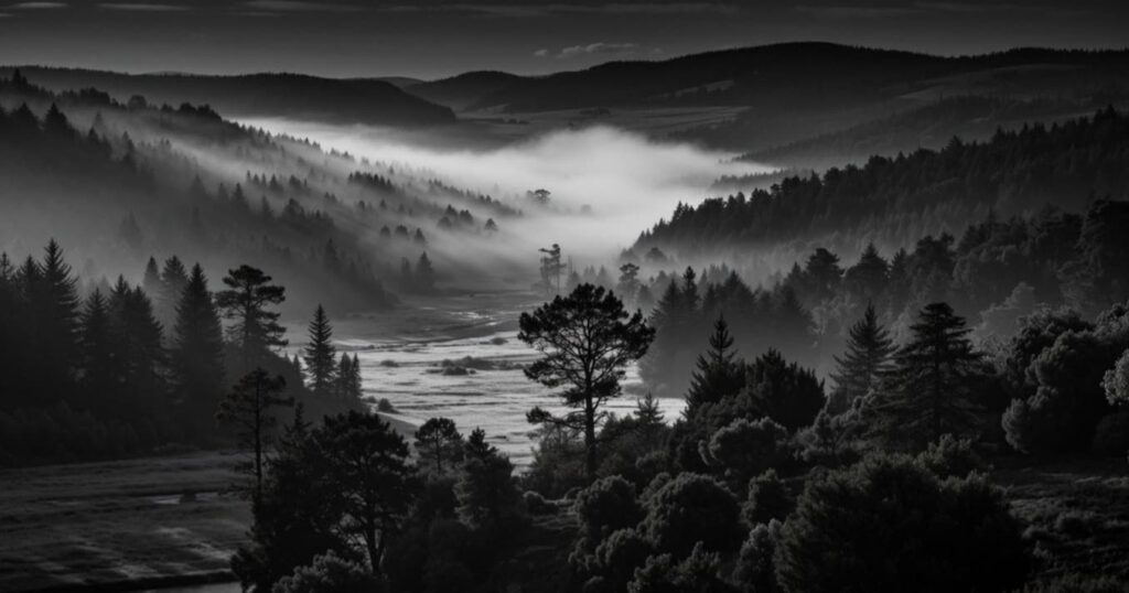 A moody, black-and-white landscape of a misty river valley surrounded by dark pine forests.