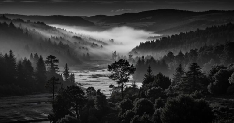 A moody, black-and-white landscape of a misty river valley surrounded by dark pine forests.