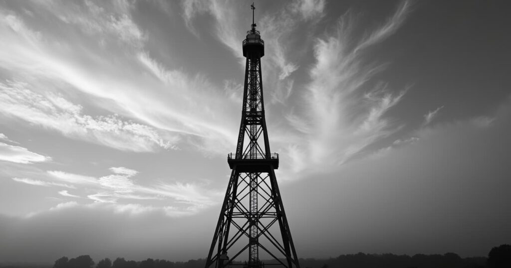 Silhouette of a massive steel communications tower stretching into a dramatic cloudy sky.