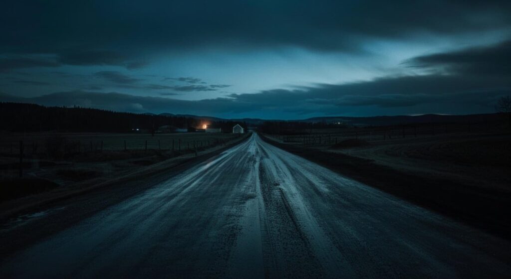 Empty rural road stretching into darkness at dusk, symbolizing the isolation in Hallow Road