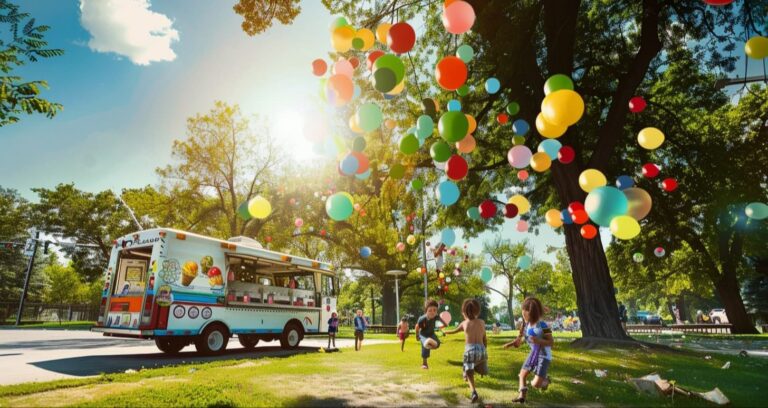 An ice cream truck in a sunny park with kids and balloons, themed around Eli Roth's Ice Cream Man (2026).
