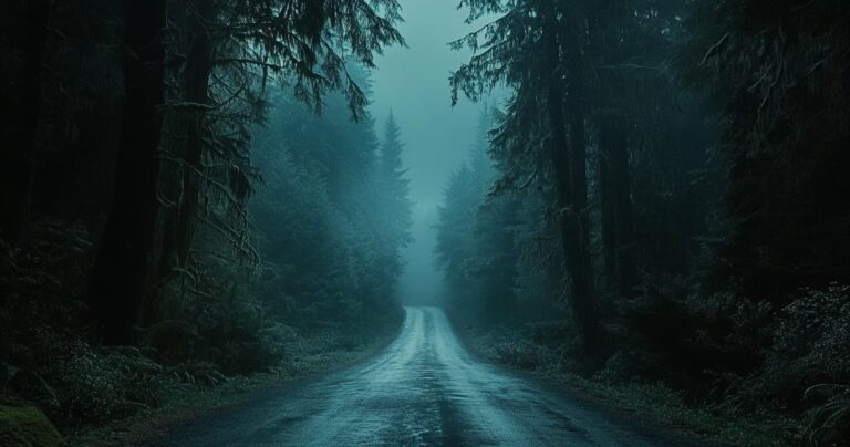 Misty two-lane forest road at night, evoking the endless road in It Ends