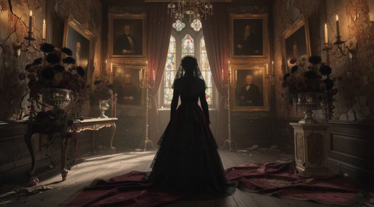 Woman in a black Victorian veil standing in a ruined gothic manor room.