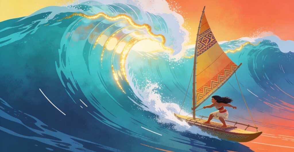 Illustration of Moana steering an outrigger boat along a massive glowing wave.