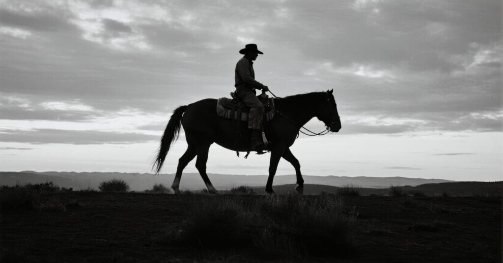 Silhouette of a cowboy riding a horse across an open, hilly landscape under a cloudy sky.