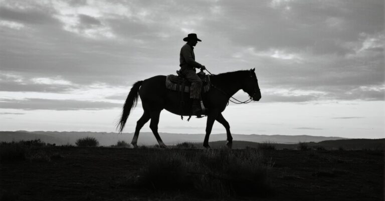 Silhouette of a cowboy riding a horse across an open, hilly landscape under a cloudy sky.