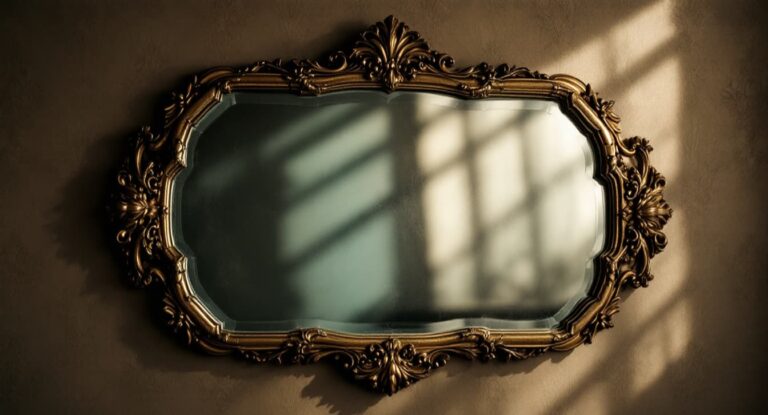 Ornate antique gold mirror with dark shadows representing the Lasser Glass in Oculus ending explained.