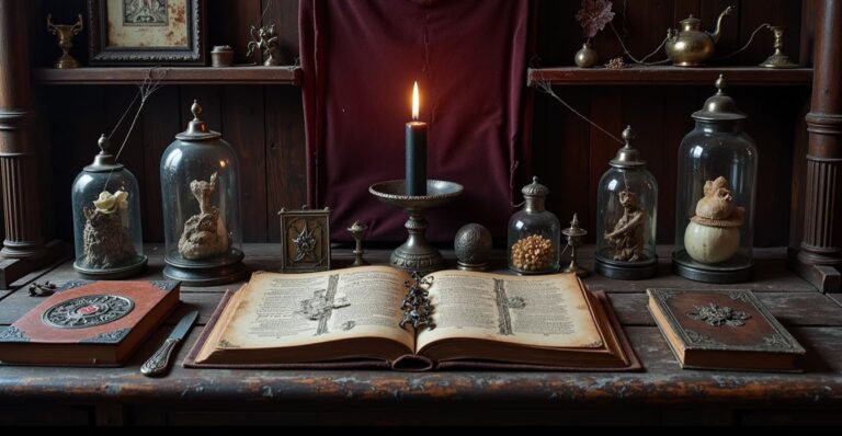 Candlelit cabinet of curiosities with glass jars, antique books, and occult trinkets, evoking the eerie shop setting from Oddity
