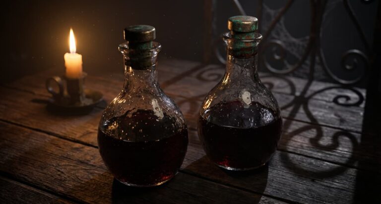 Candlelit glass bottles filled with dark liquid, evoking the blood-bottle ritual behind Polong's curse