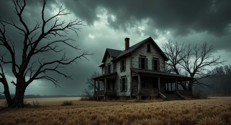 Weathered abandoned farmhouse under a stormy sky, similar to Norma's isolated home in Shelby Oaks