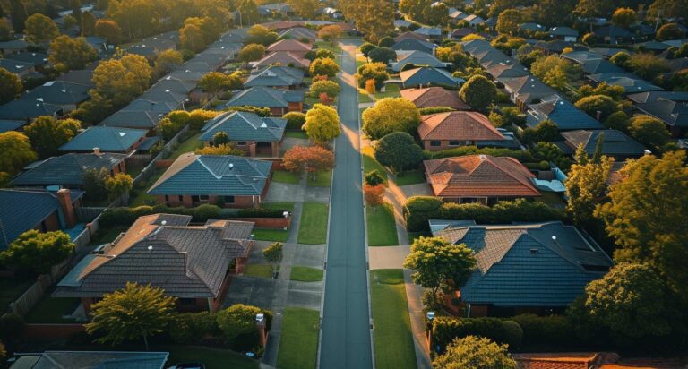 Aerial view of a quiet suburban neighborhood street lined with houses and trees, representing Oak Street before the chaos begins