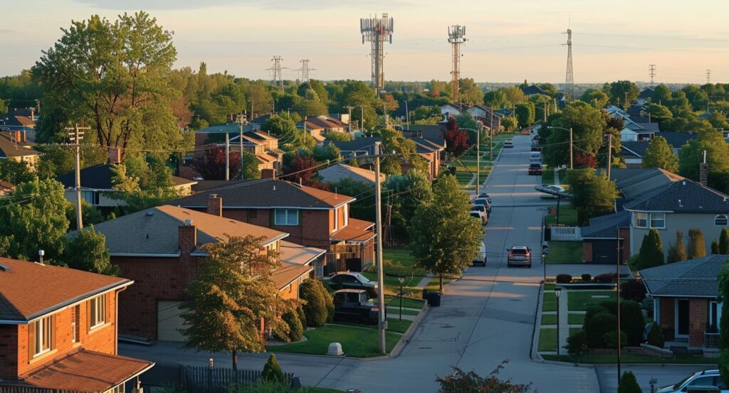 Aerial view of a suburban neighborhood street lined with houses and trees at golden hour
